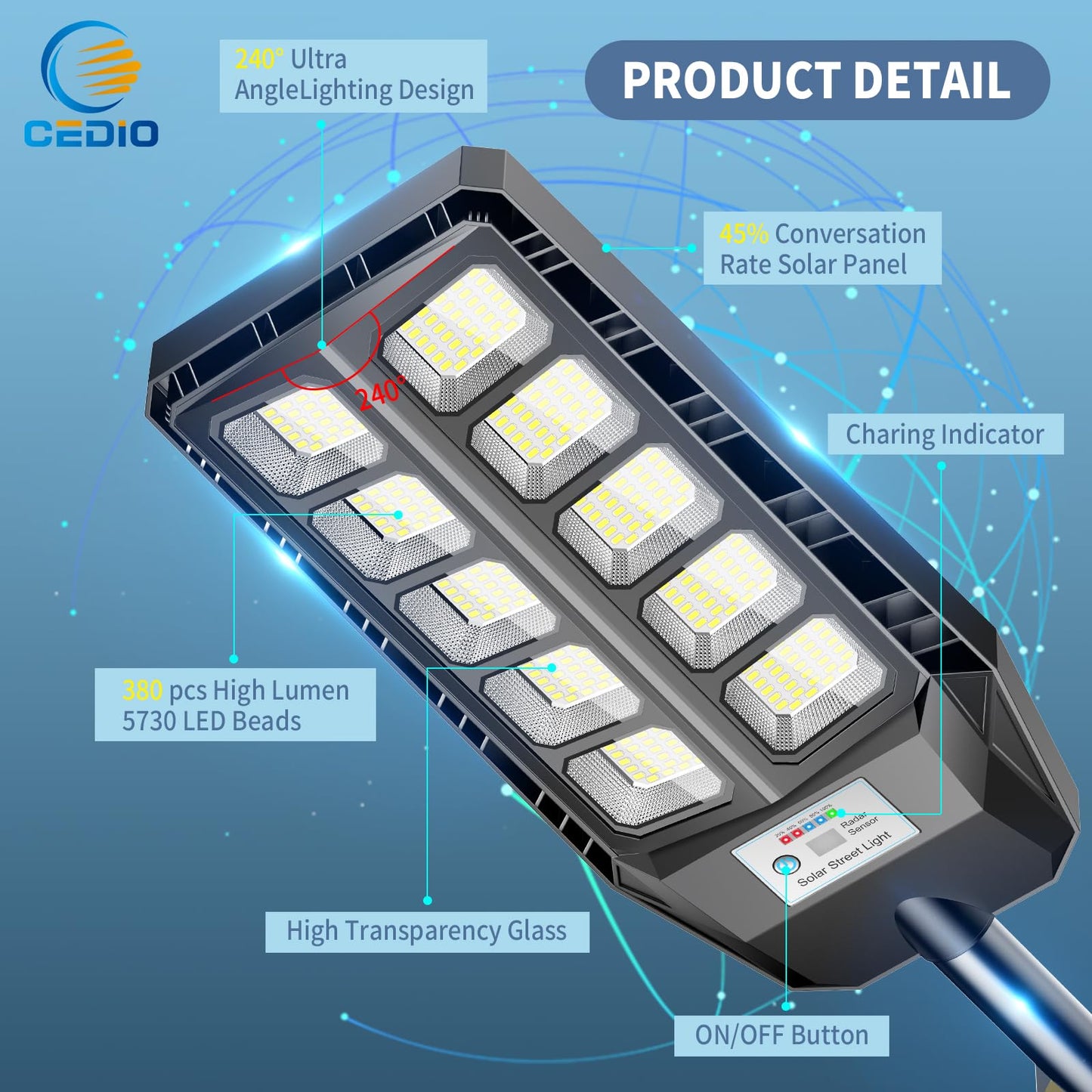 CEDIO Solar Street Lights Outdoor, IP66 Waterproof, 6500K, Motion Sensor, Remote Control, Black, 6500K-1PACK, Model TW10B001