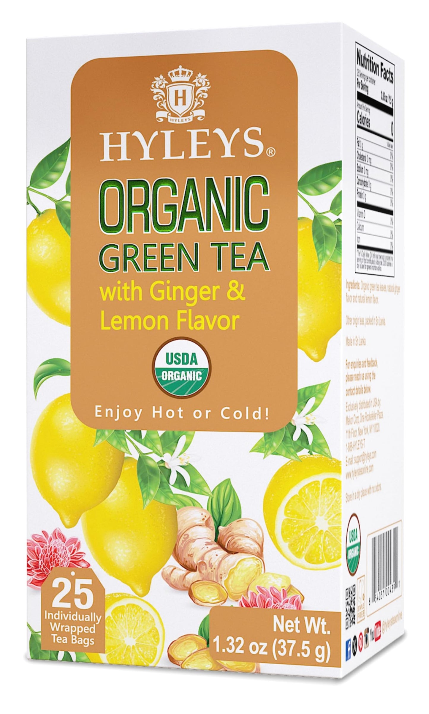 Hyleys Organic Green Tea Ginger and Lemon Flavor - 25 Tea Bags - (6 Pack - 150 Tea Bags Total)