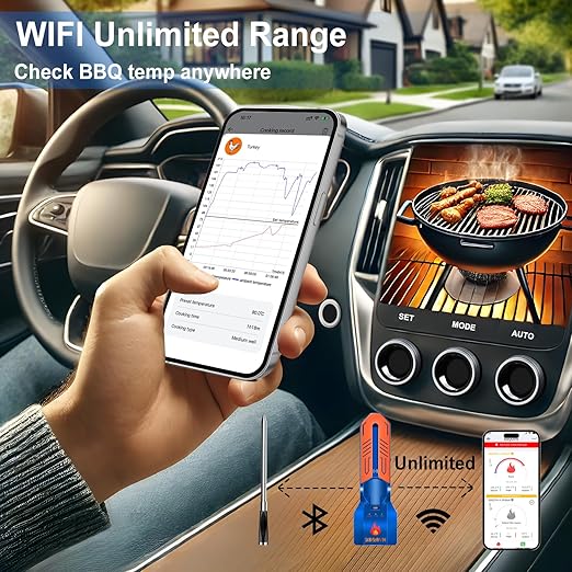 WiFi Bluetooth Wireless Meat Thermometer, Unlimited Range, 7 NIST Certified Accuracy Sensors with Ambient Temp Remote Monitoring for BBQ Grill, Oven, Smoker, Air Fryer (1, Black, Medium)