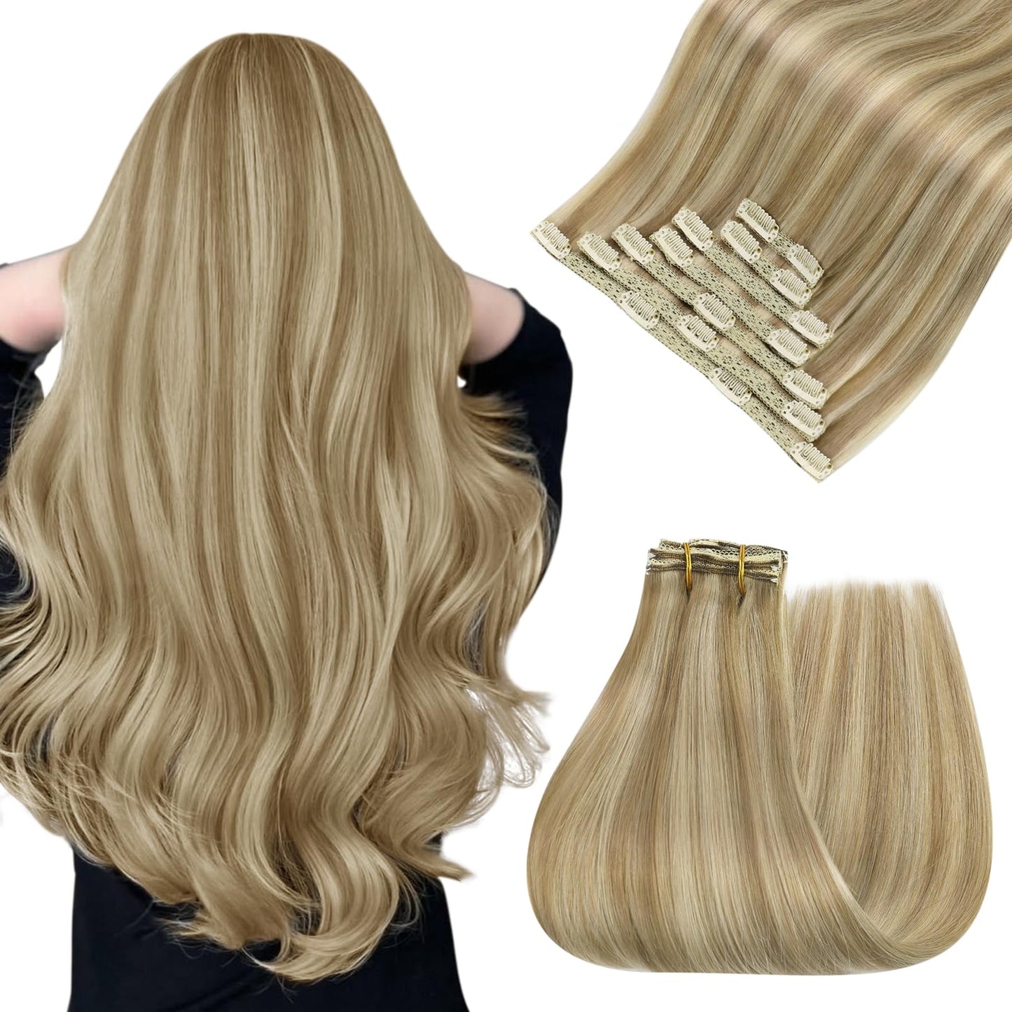 Easyouth Clip in Hair Extensions Real Human Hair Highlights Clip in Extensions Dark Ash Blonde Highlights Golden Blonde Real Hai