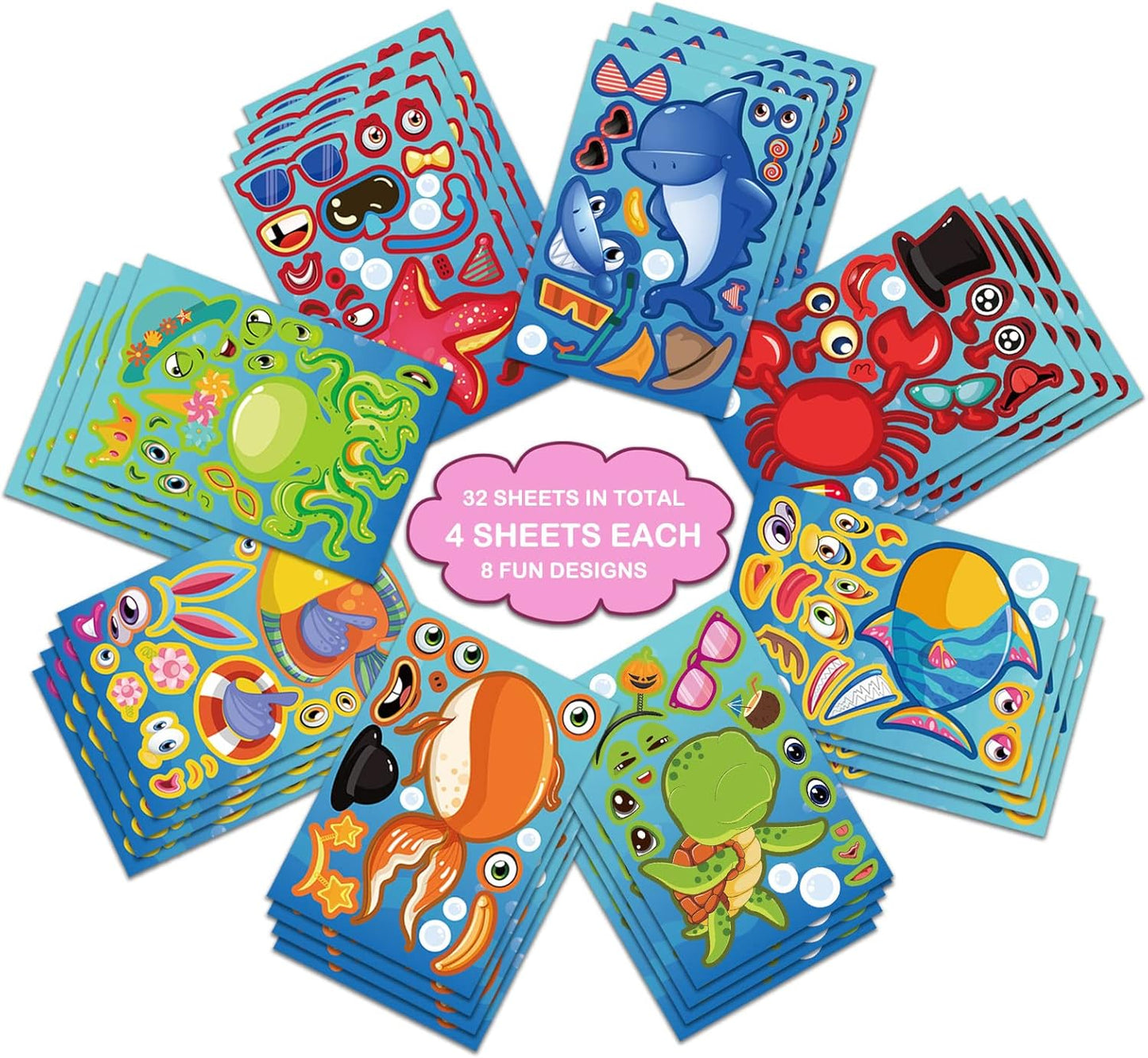32 Sheets Make Your Own Ocean Animals Stickers for Kids Classroom DIY Art Craft Teacher Rewards Summer Party Favor Sticker for Birthday Gift Children Room Ocean Decorated