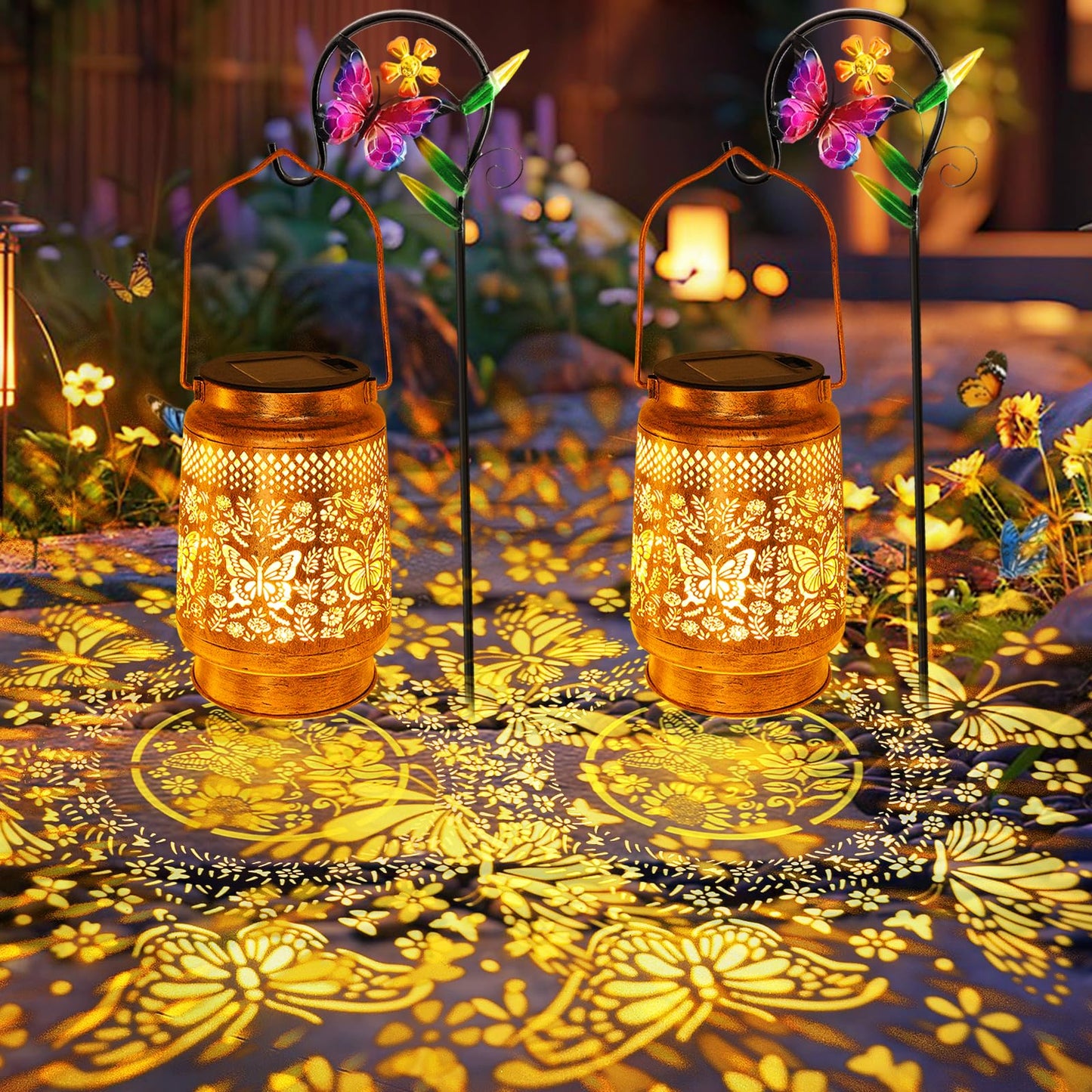 2 Pack Solar Lanterns Outdoor Butterfly Garden Decor  Birthday Gifts For Women Mom Grandma Christmas  Waterproof Metal Hanging Solar Lights Led Decoration With Shepherd Hook Outside For Yard Patio