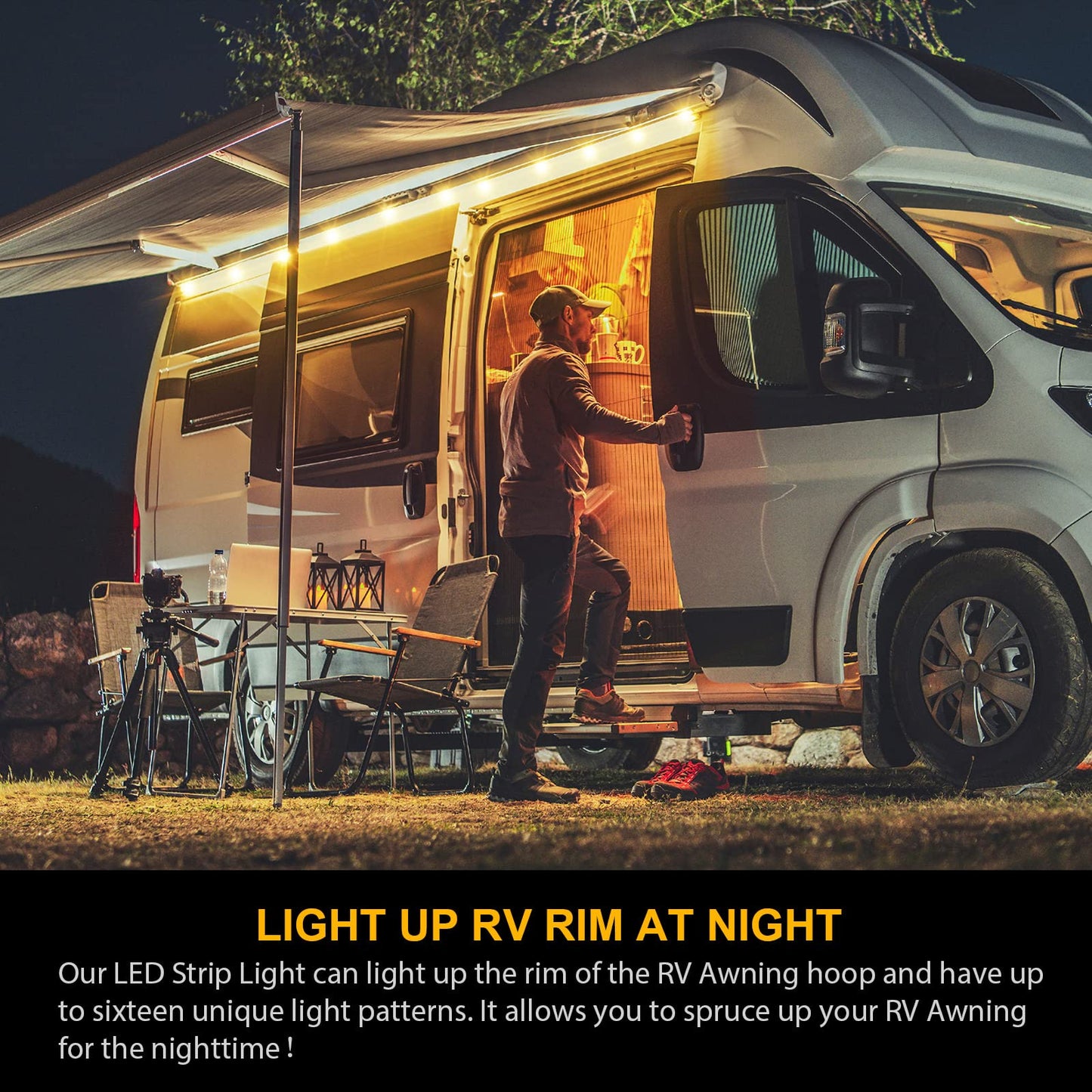 Waybelive LED RV Awning Lights, 16.4Ft Remote Control, 16 Color Options, Waterproof, DC 12V, Multicolor