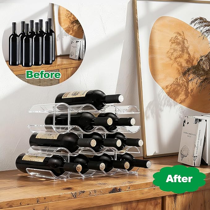 Wine Rack Countertop, Wine Rack for Inside Cabinet, Acrylic Wine Holder, Wavy Wine Bottle Holder for Cabinet Pantry Home Kitchen (4 Tiers - 14 Bottles)