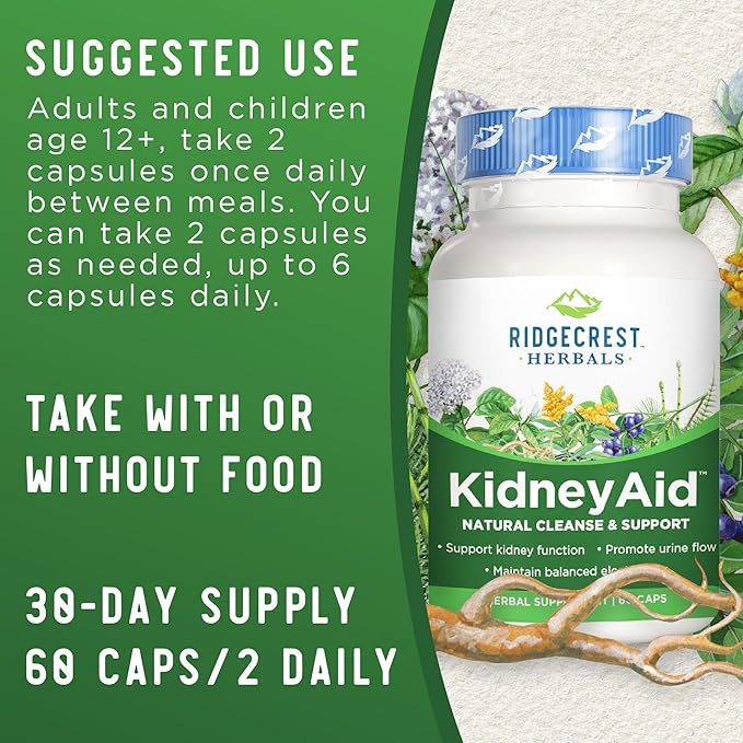 Ridgecrest Herbals KidneyAid, Kidney Health Support Supplement, Hydrangea, Horsetail, Urinary Tract Health Support, Trace Mineral (60 Caps, 30 Serv)