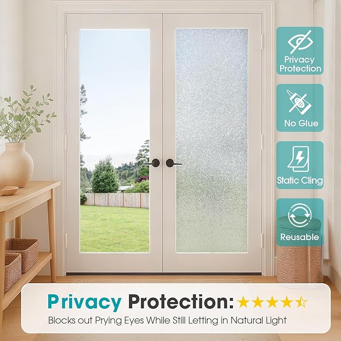 Coavas Window Privacy Film Frosted Glass Static Clings, Decorative Bathroom Door Privacy Film Day and Night, Heat UV Blocking Anti-Glare Frosting Stickers Renter Non-Adhesive, 23.6x118.1 Inch, Silver