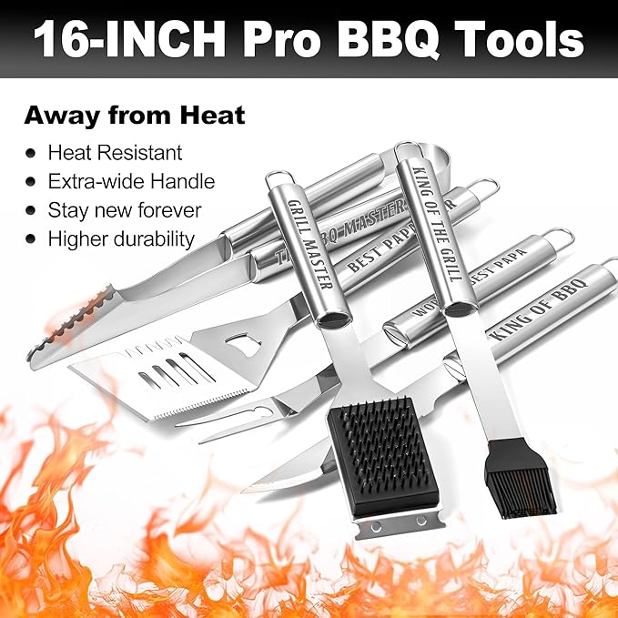 Papa Gifts from Grandkids, Papa Chritmas Grilling Accessories Gift, Heavy Duty Stainless Steel Grill Set BBQ Grill Tools for Outdoor Grill with Aluminum Case, Grill Utensils Set on Birthday(Bag)