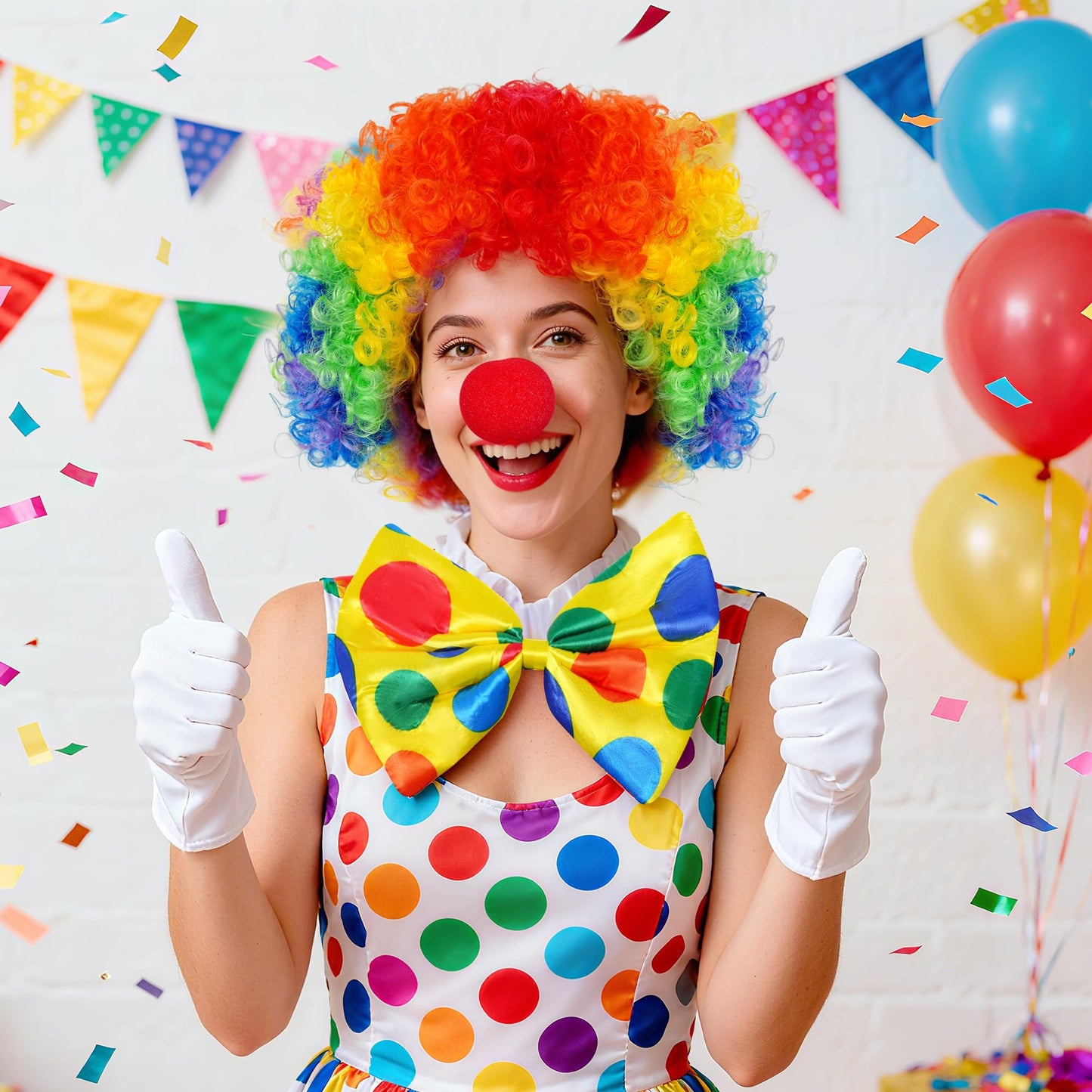 jiebor Clown Costume Set Clown Rainbow Wig Nose Bow Tie White Gloves Accessories for Parties Carnivals Pretend Play Women Men Adults
