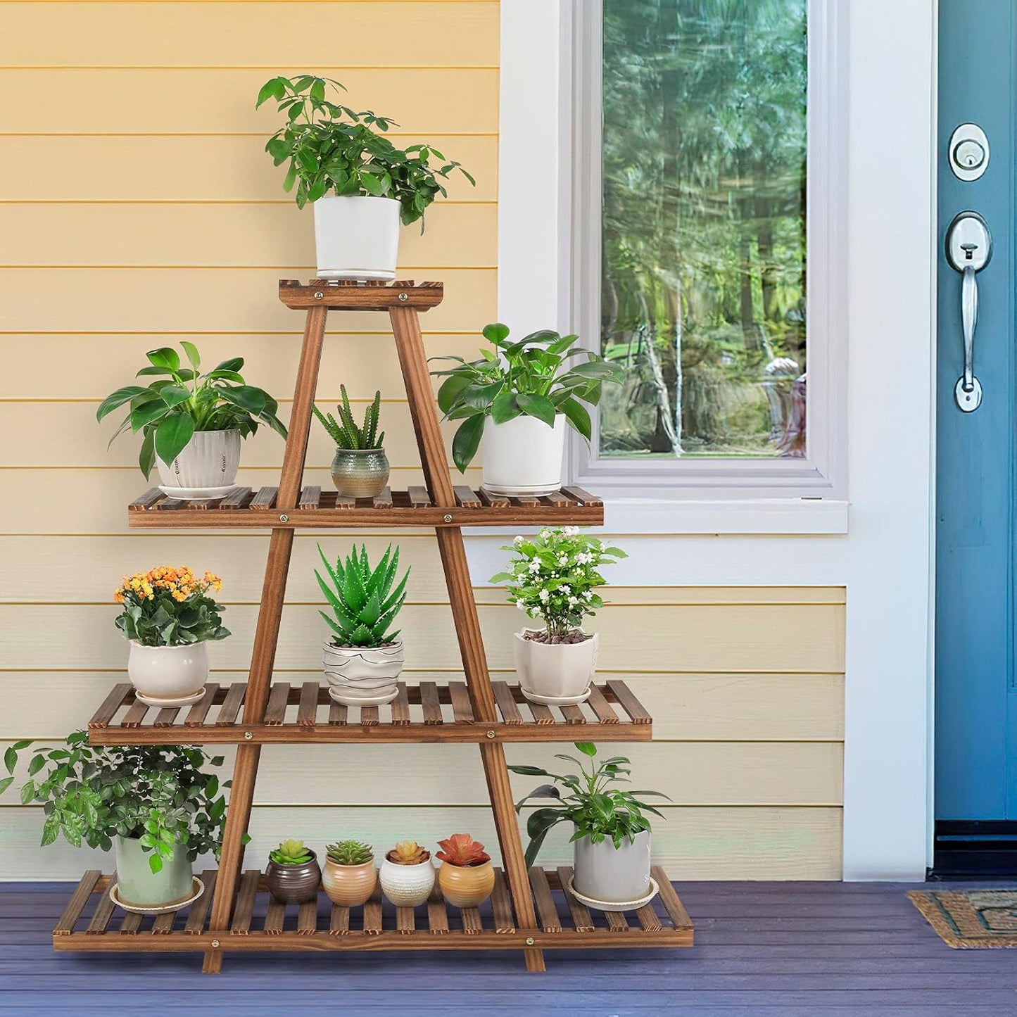 Ufine 4 Tier Wood Plant Stand Indoor Outdoor A Frame Plant Display Shelf for Multiple Plants Flower Pot Holder Rack, Living Room Balcony Patio