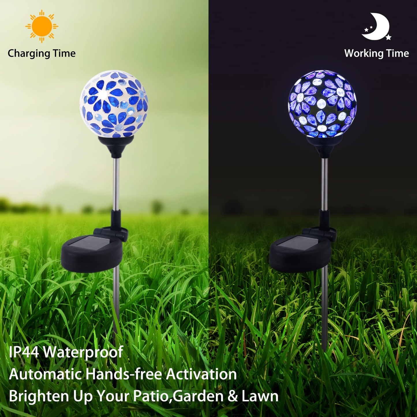 WNP Blue Outdoor Mosaic Solar Light Stake - Waterproof Glass Flower Petal Ball Decor for Garden, Yard, Path