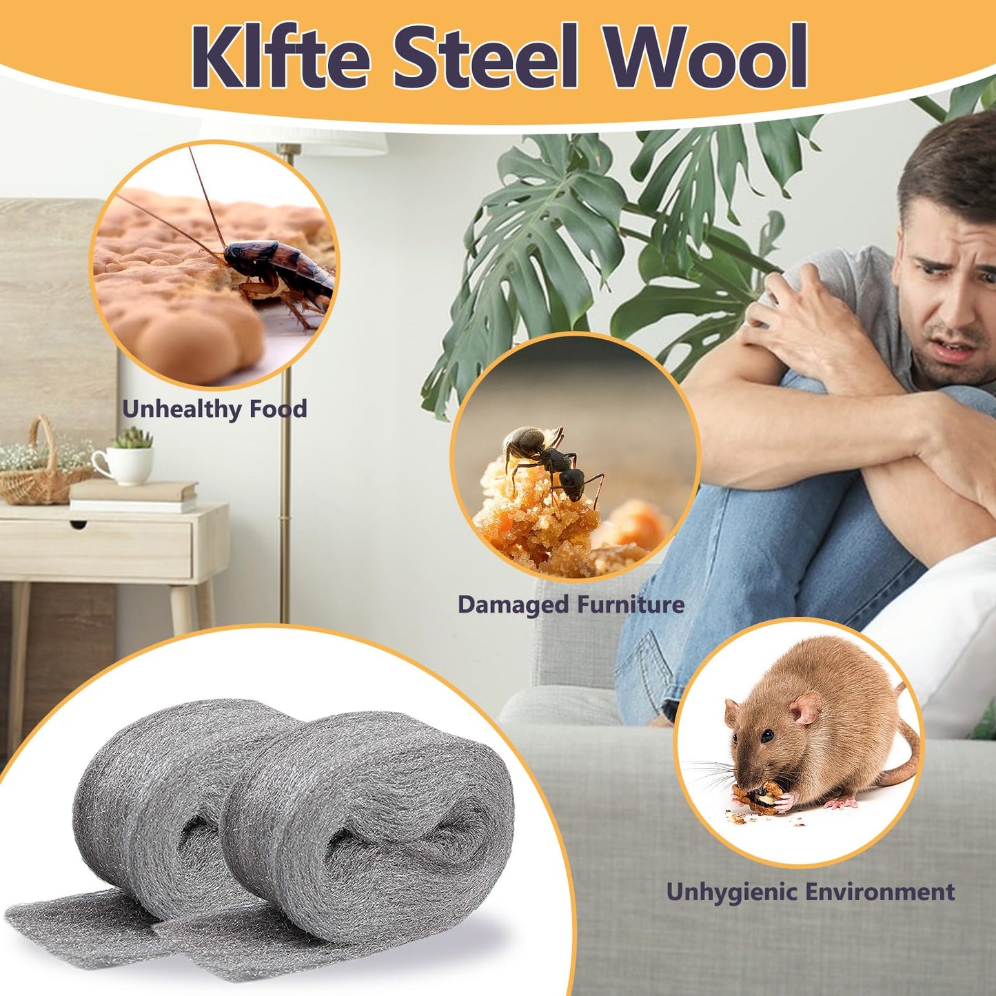 Klfte Steel Wool for Mice Control, 3.2" x12 ft Wool, Gap Filler for Home & Garage, DIY Bundle with Gloves & Scissors - 2 Pack