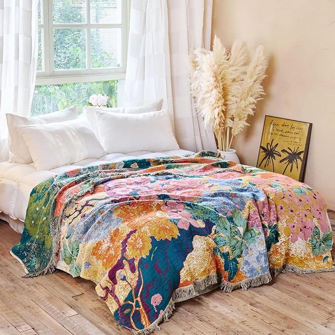 MSGKV Boho Throw Blanket for Couch 50"x60" Cotton Floral Blankets for Sofa Chair All Seasons Lightweight Muslin Breathable Farmhouse Home Decor