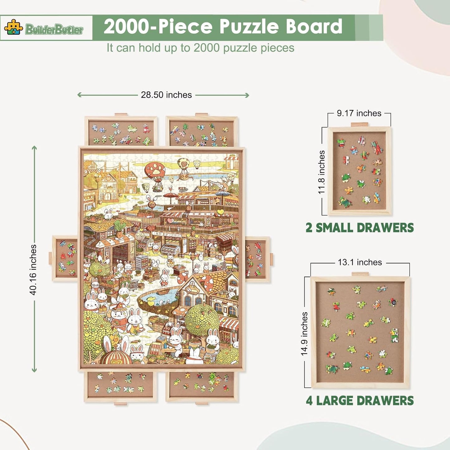 2000 Pieces Rotating Puzzle Board with 6 Drawers,40.16"x28.5" Portable Wooden Jigsaw Puzzle Table with Lazy Susan Spinning Cover for Adults
