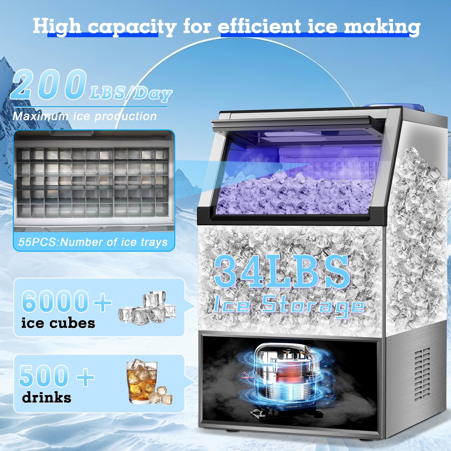 Ice Maker Commercial Ice Maker Machine 200lbs/24H with 34Lbs Storage, Stainless Steel Undercounter/Freestanding Ice Machine 2 Water Inlet Modes 55Ice/Cycle, Self-Cleaning for Homes Restaurants Bars
