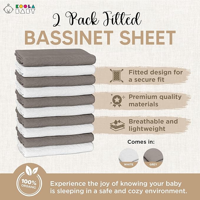 Bassinet Fitted Sheets - Compatible with Fodoss, Mika Micky & Dream on Me Poppy Traveler Bassinet | 100% Organic Muslin Cotton - White + Grey | 32x19 (2 Pack)