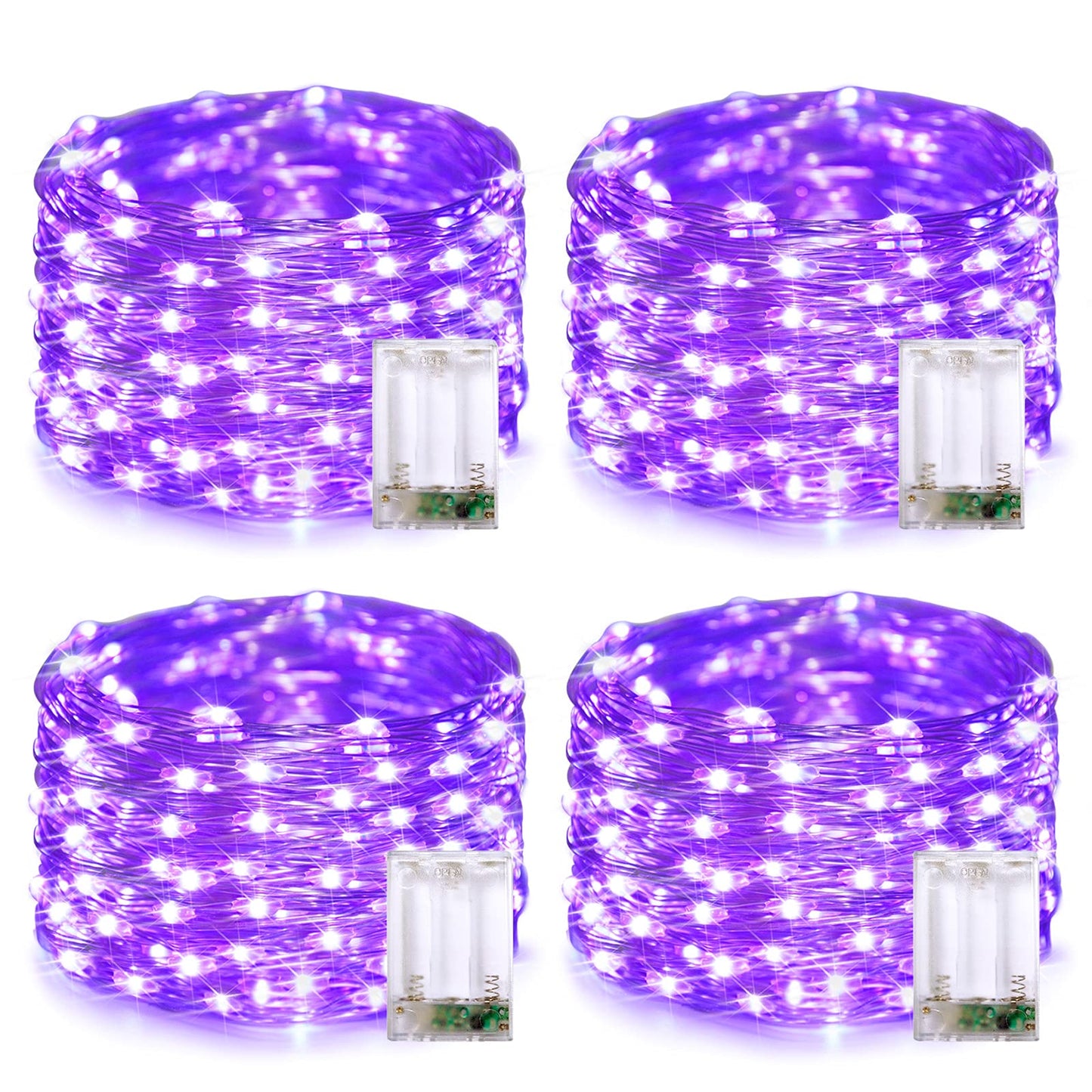 JMEXSUSS 4 Pack 50 LED Christmas Fairy Lights, 16.1ft Battery Operated, Purple Waterproof Mini String Lights for Indoor Outdoor Decorations