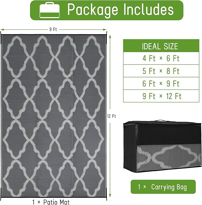 Easy-Going Reversible Outdoor Rugs 9x12ft Waterproof Plastic Straw Rug Stain & UV Resistant Floor Mat for Patio Porch RV Backyard Pool Deck Picnic Beach Trailer Camping (Moroccan Grey & Light Grey)