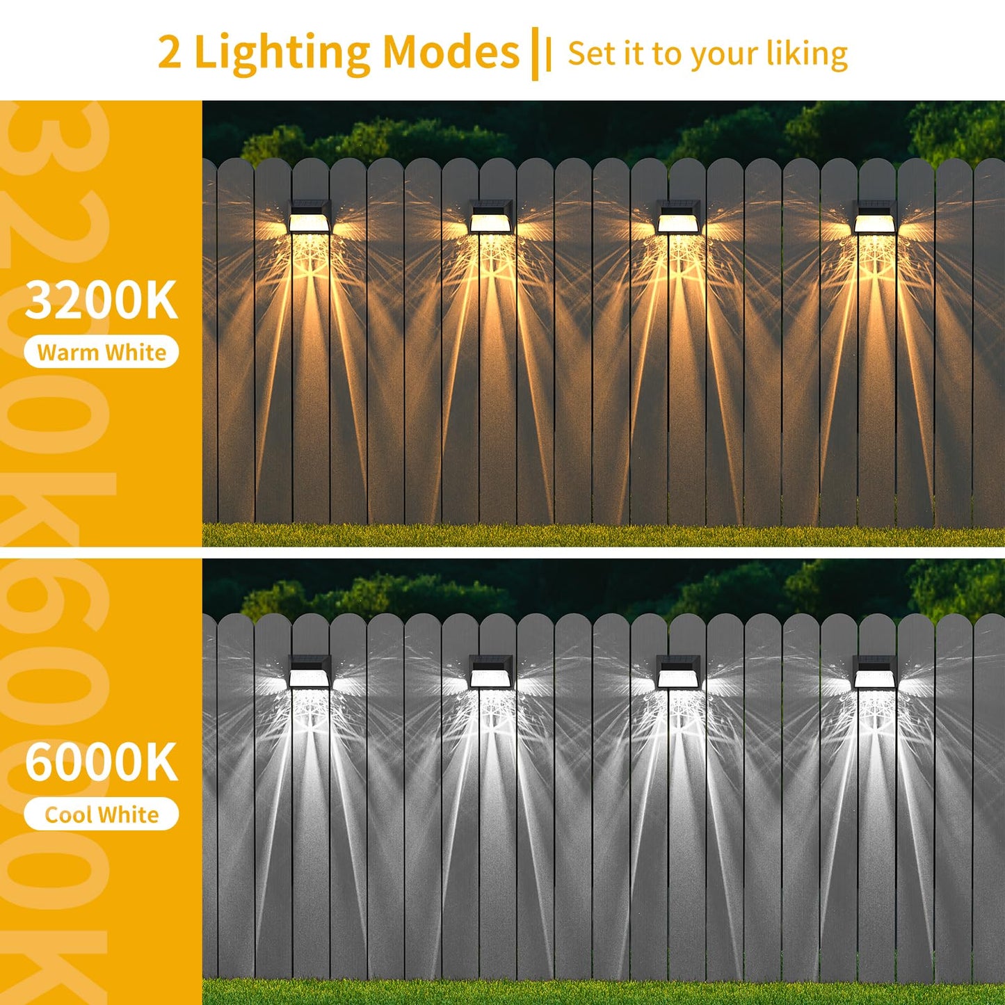 NACINIC Solar Fence Deck Lights, 8 Pack, Waterproof, Dusk to Dawn, Warm White/Cool White, Medium, Black