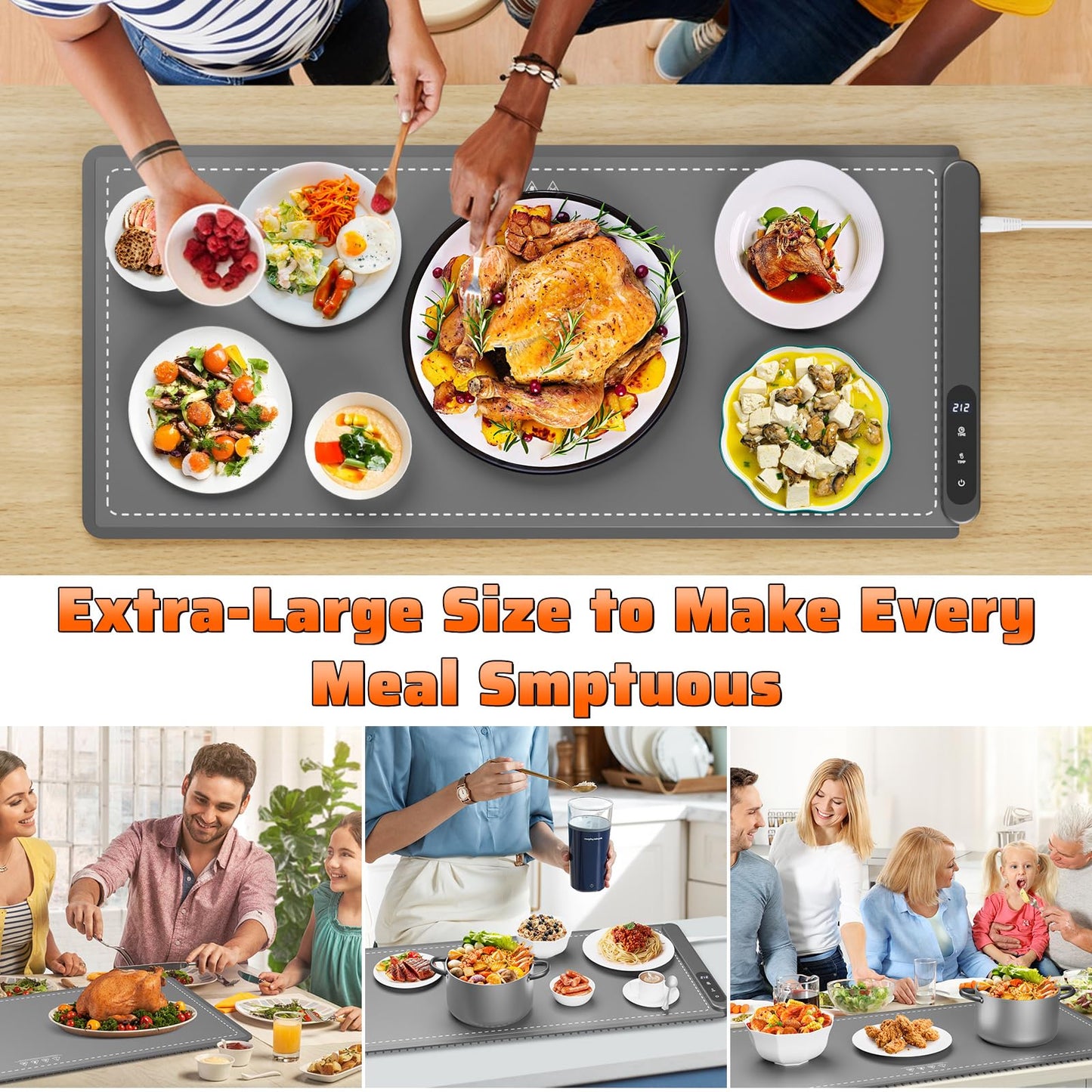 HYEDSM Fast Heating Warming Mat for Food, XL 36"x16", Electric Food Warmer with 6 Level Adjustable Temperature and 6 Hours Timer, Full-Surface Portable Warming Pad Trays for Buffets Party