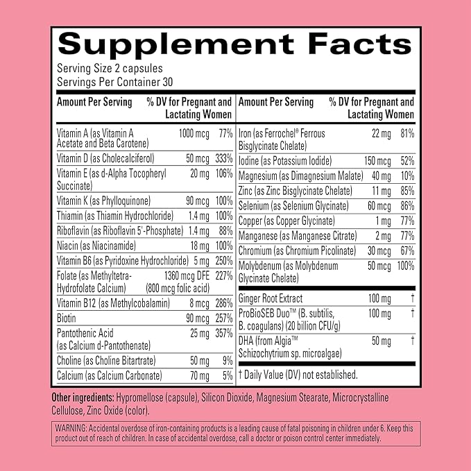 Hyland's Easy Morning Prenatal Multivitamin and Digestive Health and Morning Sickness Relief, 60 Vegan Capsules with Folate, Choline, Zinc, Ginger Root, Prebiotics and Algae DHA