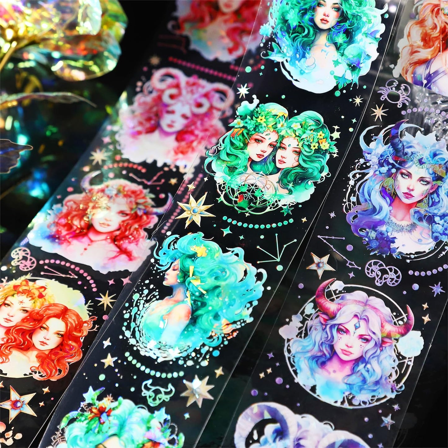 6 Pcs Constellation Goddess PET Scrapbook Tapes, Holographic Stickers for Journaling, Scrapbook Supplies, and Ephemera, with Decorative Clip