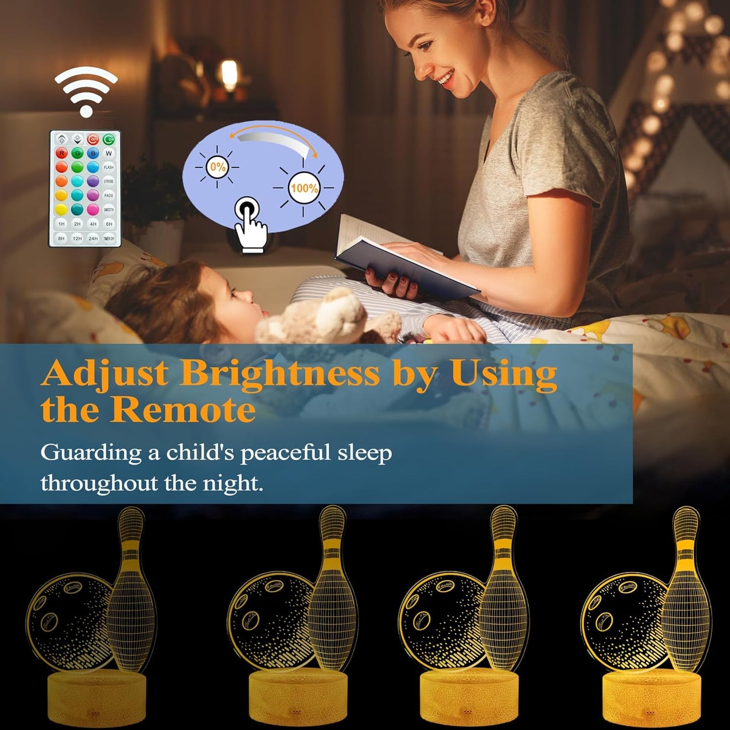 Bowling Night Light, Bowling Gifts 3D Illusion Lamp with 16 Colors Changing, Timer, 4 Flash Modes and Dimmable, Kids Boys Girls Room Decoration, Holiday Xmas Gifts