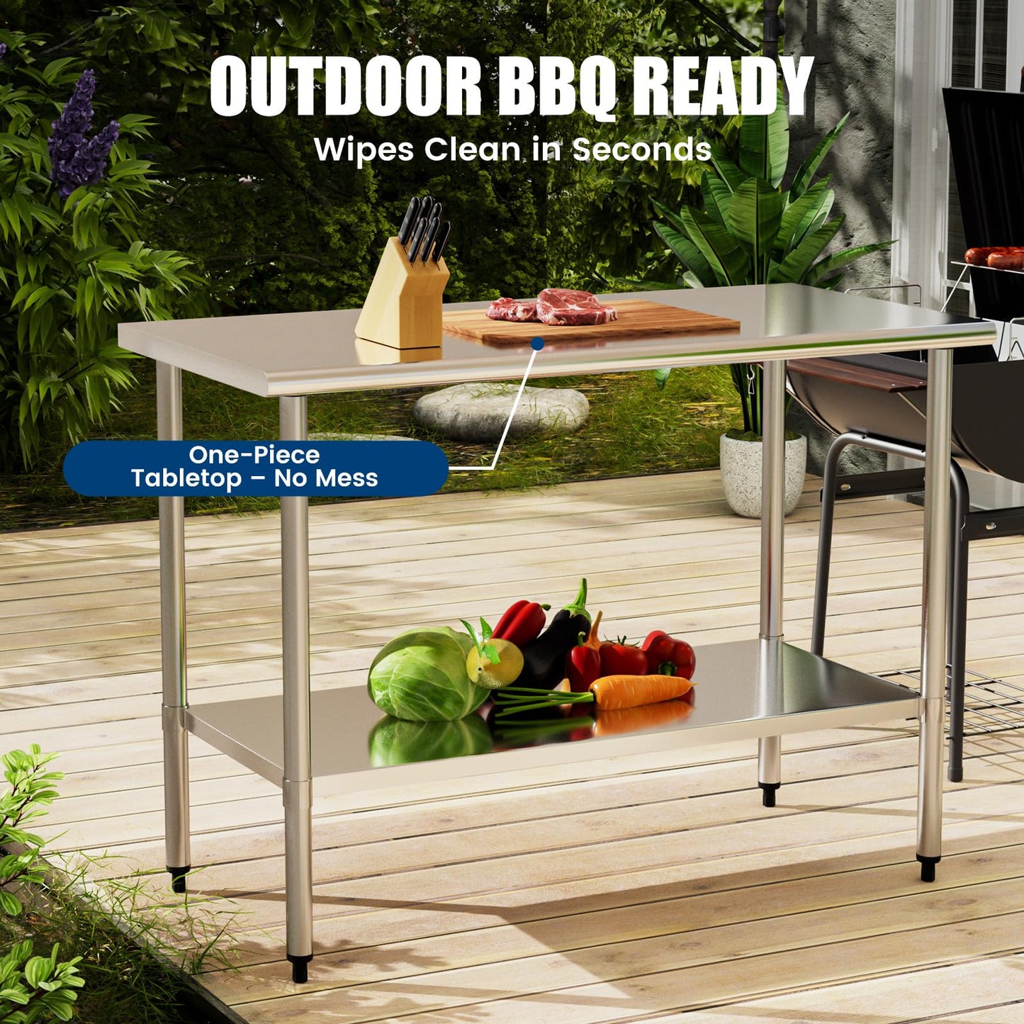 Chingoo Stainless Steel Table 24 x 60 Inches Metal Food Prep Worktable with Adjustable Undershelf for Kitchen, Outdoor, Restaurant, Bar & Garage