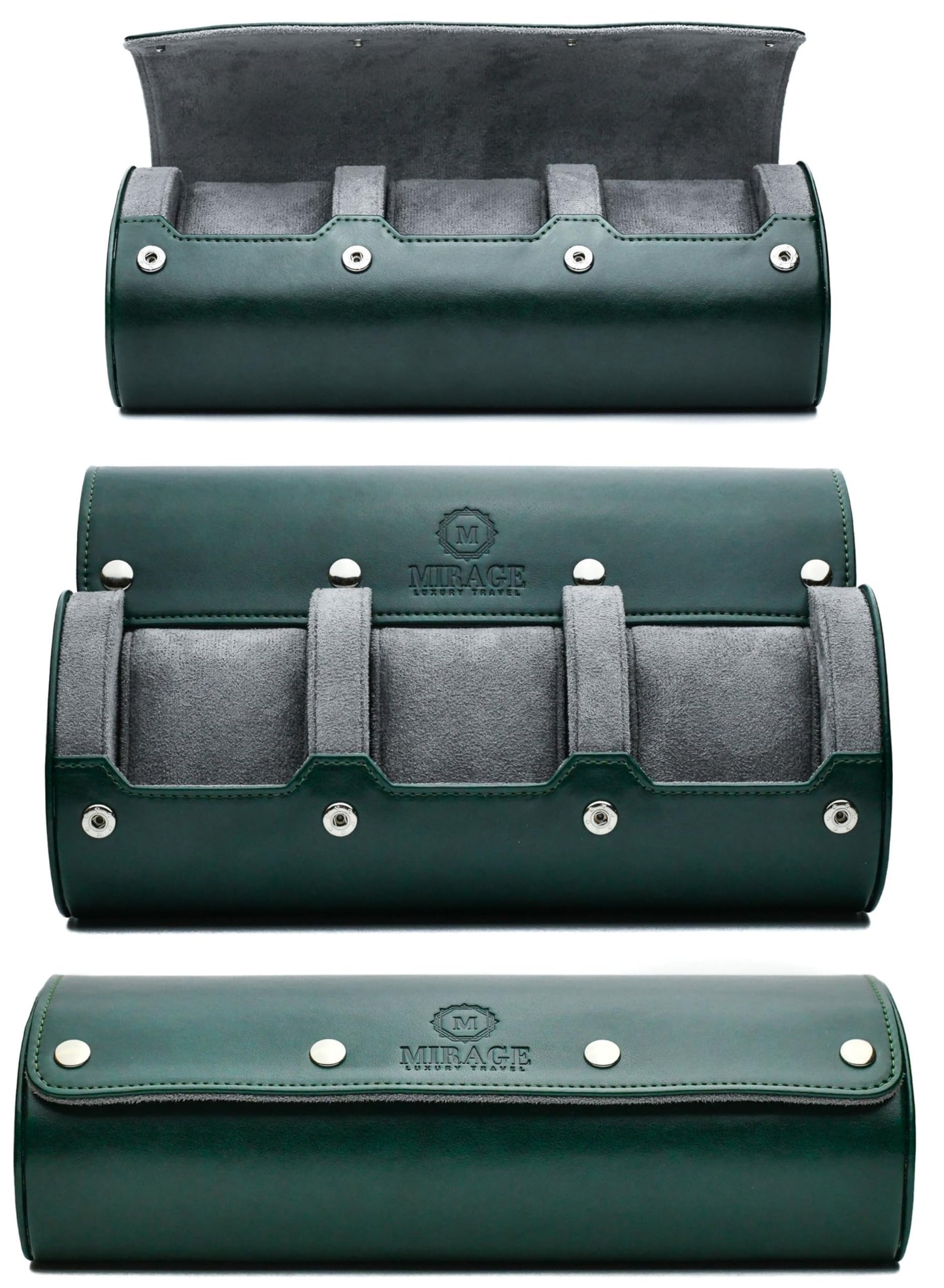Watch Cases for Men - Travel Watch Roll Case - 3 Watch Travel Case Holder Organizer and Display - Royal Green Vegan Leather