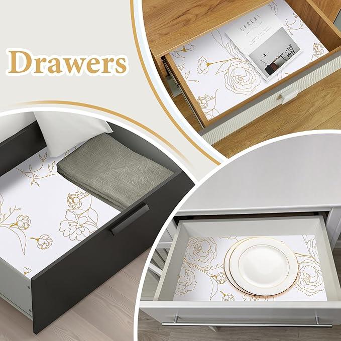 Shelf Liners for Kitchen Cabinets 17.5in x 20FT Non Adhesive Drawer Liner Gold Floral Thickened Shelf Liner Paper Strong Non-Slip Easy to Clean for Tool Box Refrigerator with Knife and Tape Measure