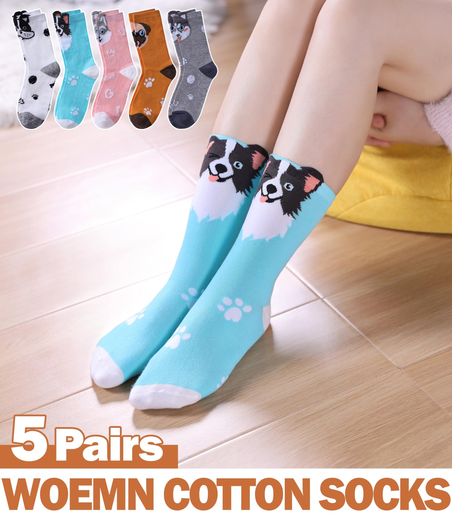 SDBING Womens Cat Socks Cute Gifts Animal Soft Breathable Thin Cotton Casual Crew Socks 5 Pairs (Dog, 6-10)