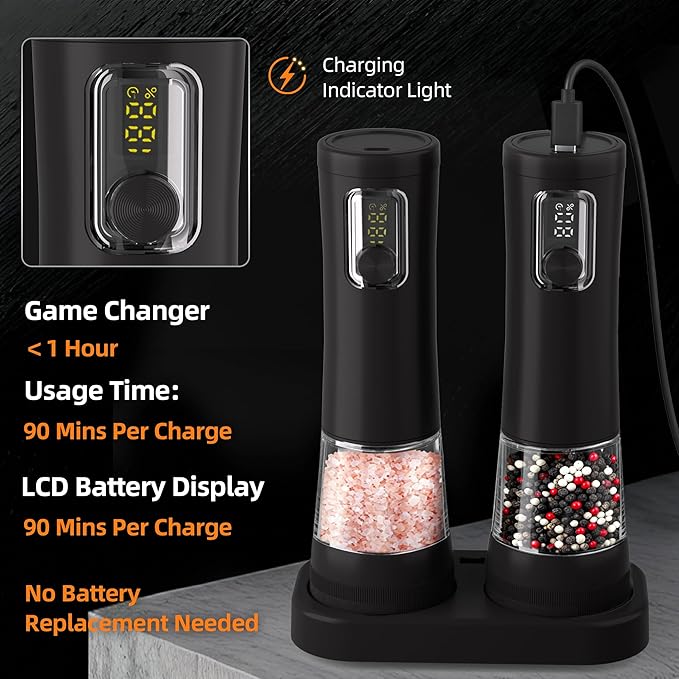 Electric Salt and Pepper Grinder Set-2 Pack Rechargeable Automatic Pepper Mill with Base,5-Level Adjustable Coarseness, Display, LED Lighting, Large Capacity-Ideal for Kitchen, BBQ Gifts (2, Black)
