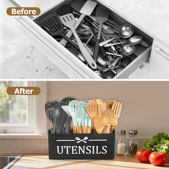 RedCall Wooden Kitchen Utensil Holder for Counter-top,Large Utensil Organizer for Storage Cooking Tool and Silverware,Extra Large Rustic Wood Container (Black)