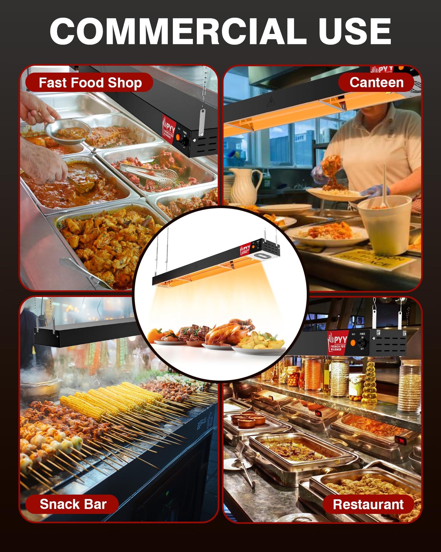 PYY Food Heat Lamp, 42 Inch Commercial Food Warmer Light, Stainless Steel Electric Strip Heater for Restaurant/Kitchen/Buffet/Cafeteria, Pass-Through Stations Heating Equipment, 800W Black