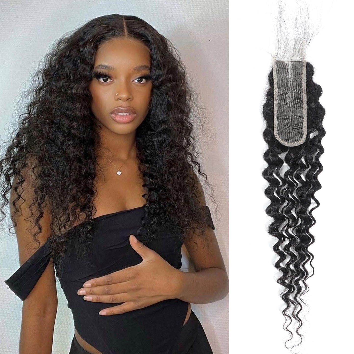 DSEKCAIN 2x6 HD Lace Closure Deep Wave Human Hair Deep Curly Transparent Lace Closure 2x6 Long Middle Part 100% Raw Virgin Human