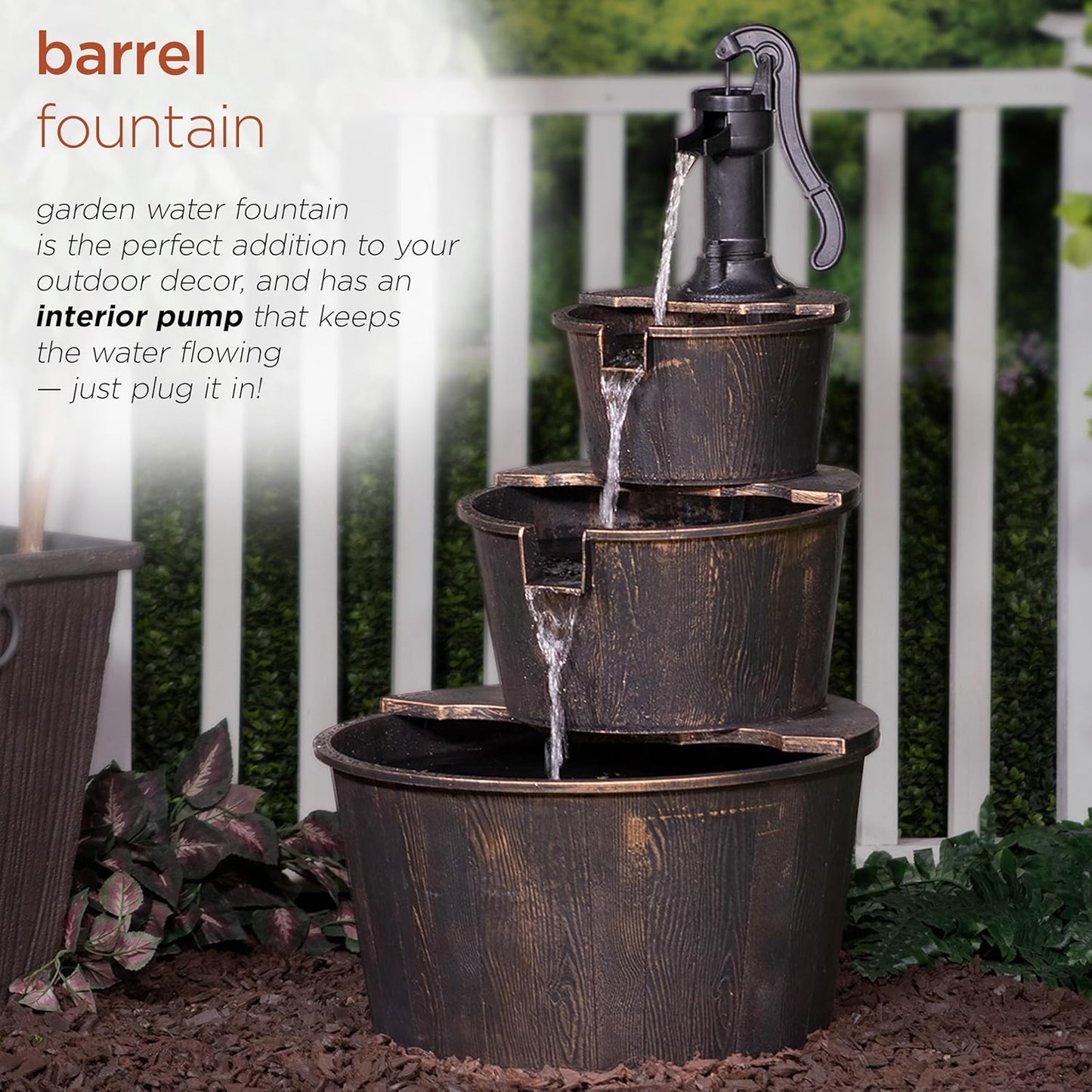 Alpine Corporation TEC234BR Outdoor Floor Tiered Rustic Pump and Barrel Water Fountain, Old-Fashioned Waterfall, 40", Brown