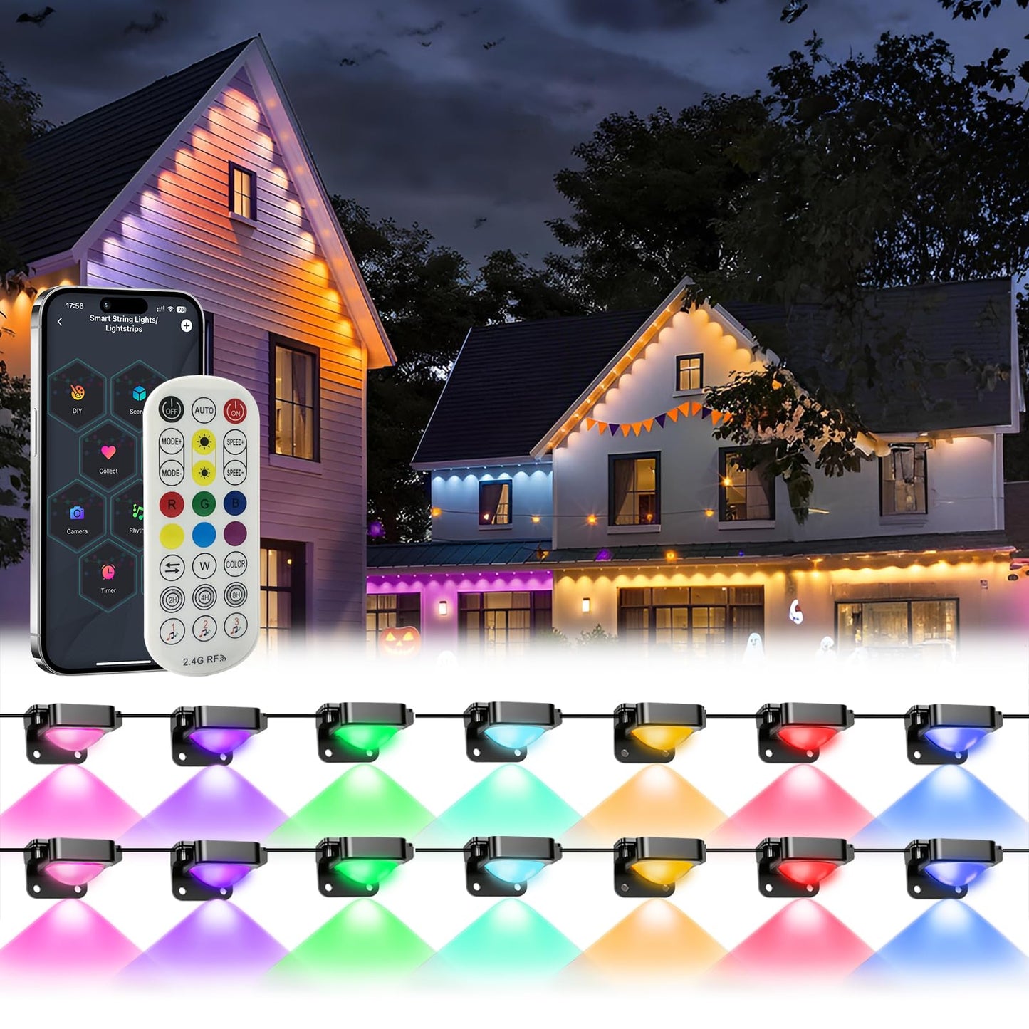 MIMIRGB Outdoor LED Lights, 50ft RGB Smart Eave Light, IP67 Waterproof, Remote/App Control, Black, Model JG-001W-10