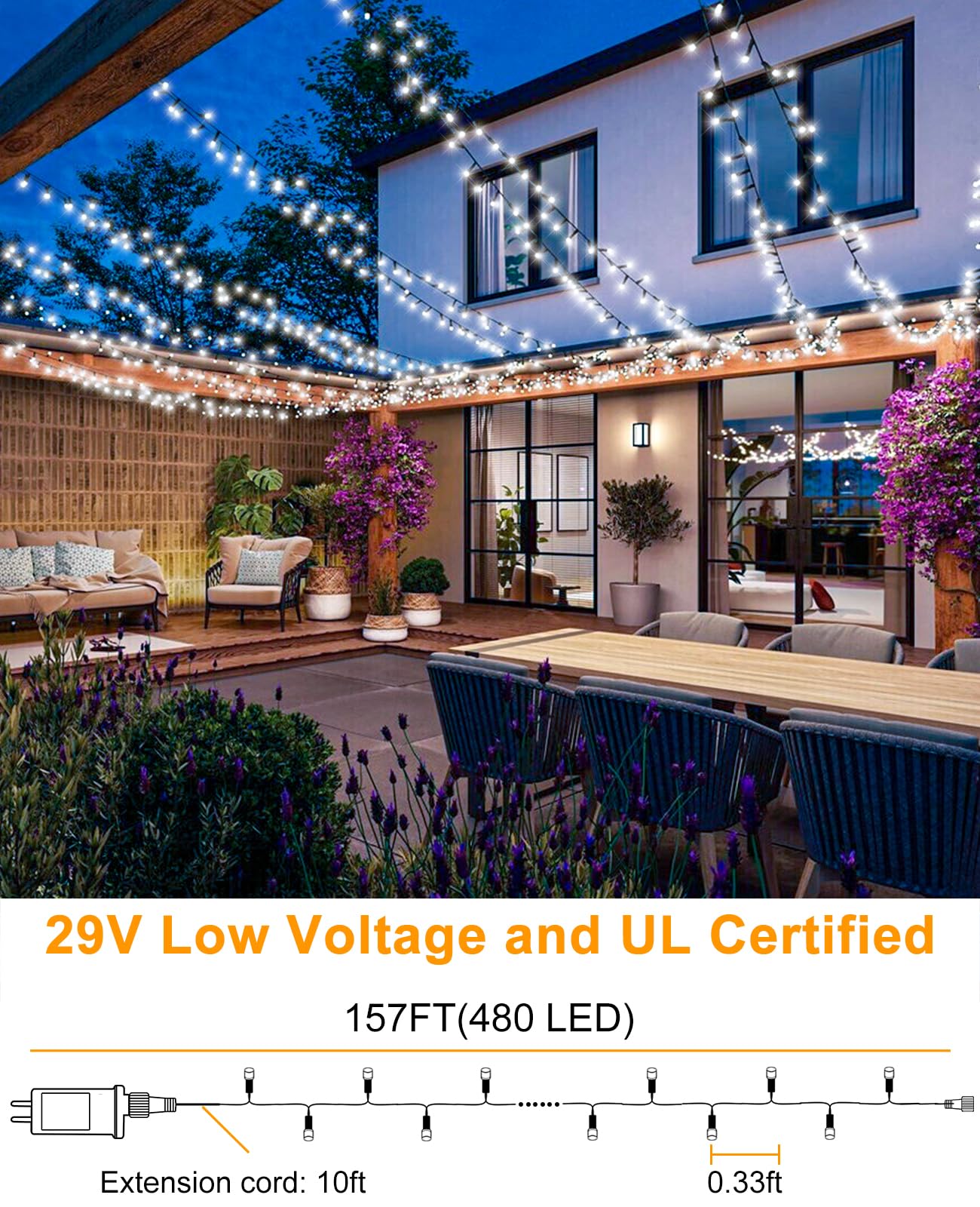 157Ft 480 Led Christmas Lights Outdoor  Plug In Christmas Tree Lights Waterproof  8 Modes Green Wire Twinkle String Light For Indoor Garden Tree Xmas Party Decorations  White
