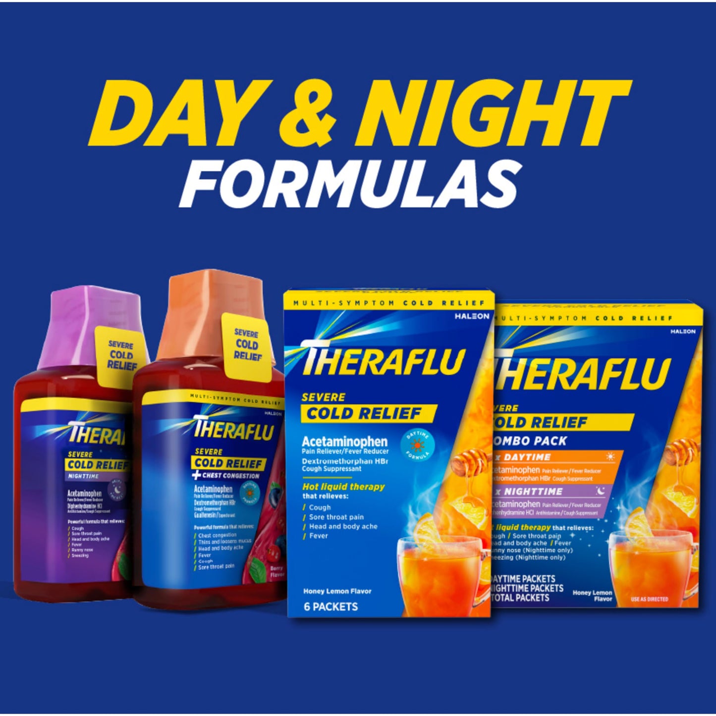 Theraflu Combo Daytime and Nighttime Severe Cold Relief Honey Lemon Flavor Powder_ and Daytime Severe Cold Relief Berry Burst Flavor Powder, _6 Daytime + 6 Nighttime, and 6 Berry Burst Powder Packets