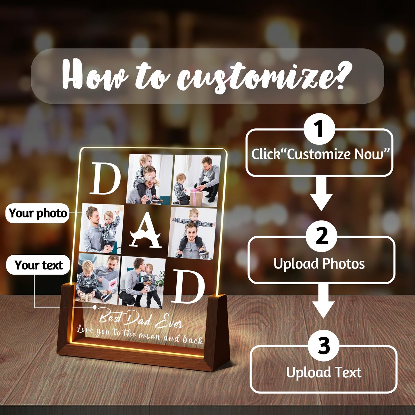 Personalized Fathers Day Birthday Christmas Gifts From Daughter Son Kids Wife  Custom Acrylic Picture Frame Night Light With Photo Text  Customized Best Dad Ever Gifts For Dad Papa Husband Men