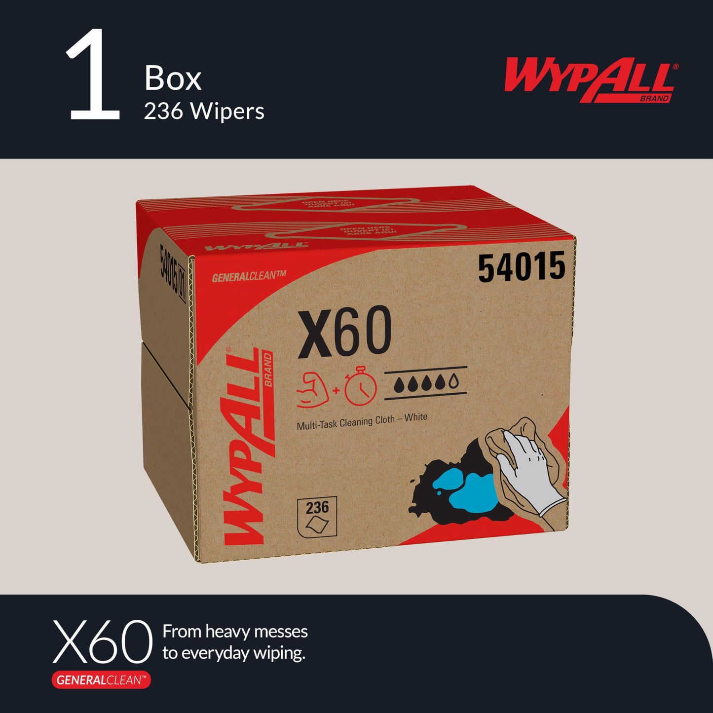 WypAll GeneralClean X60 Cloths Multi-Task Cleaning Wipes (54015), Brag Box, Strong and Absorbent Towels, White (1 Pack of 236 Sheets, 236 Sheet Total)