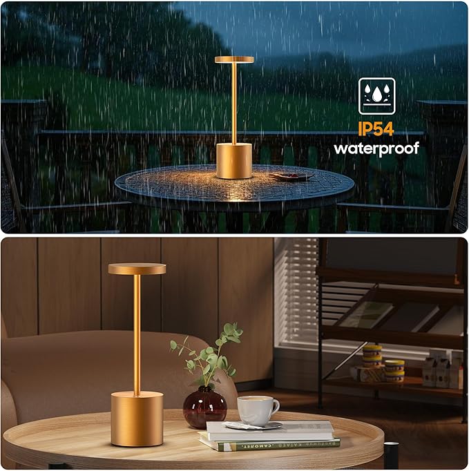 Cordless Table Lamps Rechargeable - Outdoor Portable LED Table Light 5000mAh Battery Operated Lamp 3 Color Stepless Dimming with Memory Function for Restaurant Dining Patio 2Pack Gold