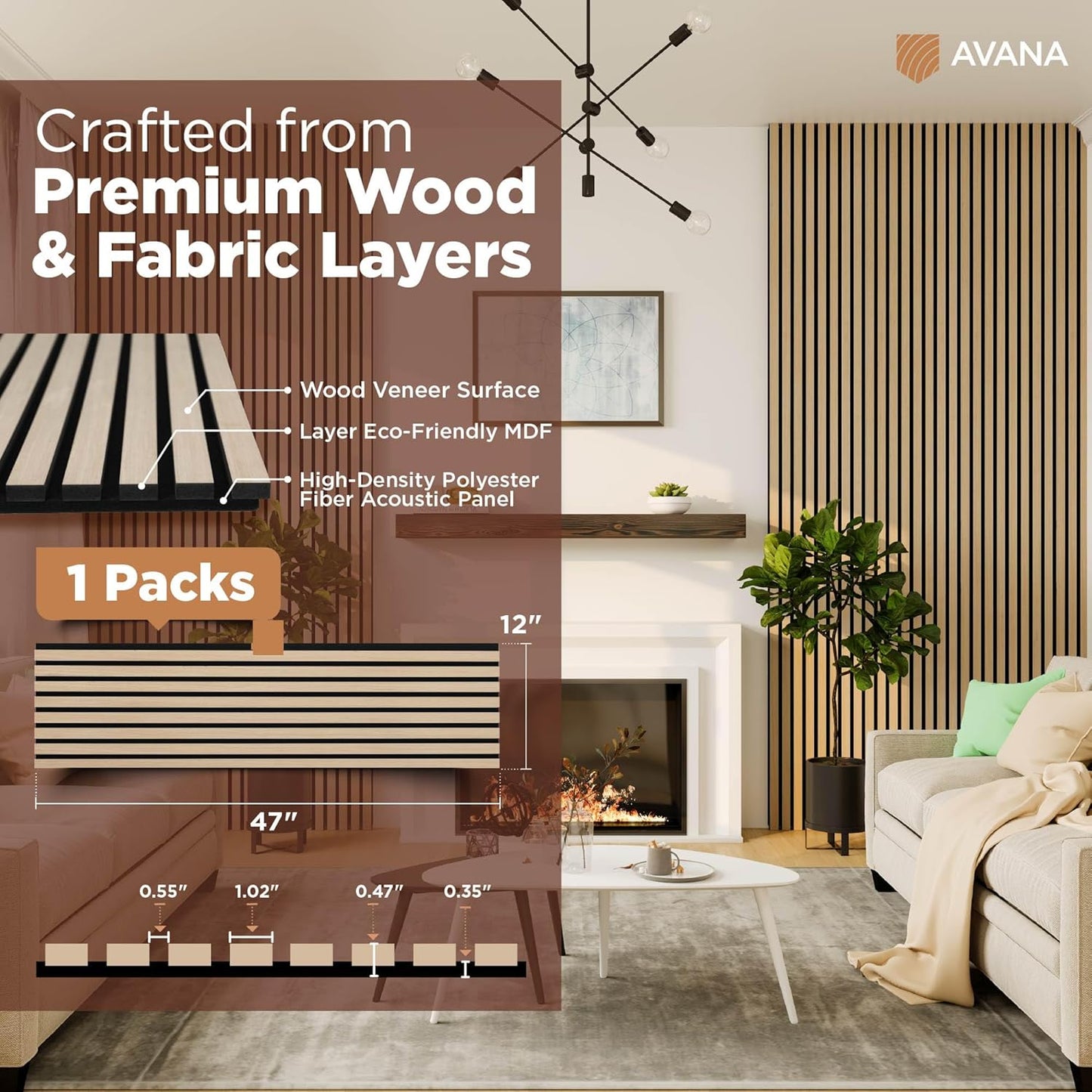 Avana Modern Acoustic Wood Wall Panels – 47.2 x 12.6 Inch White Oak Acoustic Panels 1 PC – Wall Panels for Interior Wall Decor For Homes, Offices, Studios – Sturdy And Durable Wood Panels for Wall