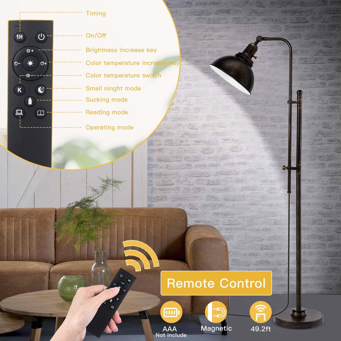 Partphoner Industrial Floor Lamp - Adjustable Rustic Black Metal Shade, Remote Control, Modern Design For Living Room, Bedroom, Office