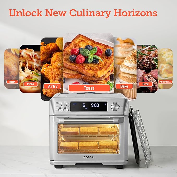 COSORI Smart 11-in-1 Air Fryer Toaster Oven Combo, Airfryer Convection Oven Countertop, Bake, Roast, Reheat, Broil, Dehydrate, 94 Recipes & 3 Accessories, 26QT, Silver, Stainless Steel
