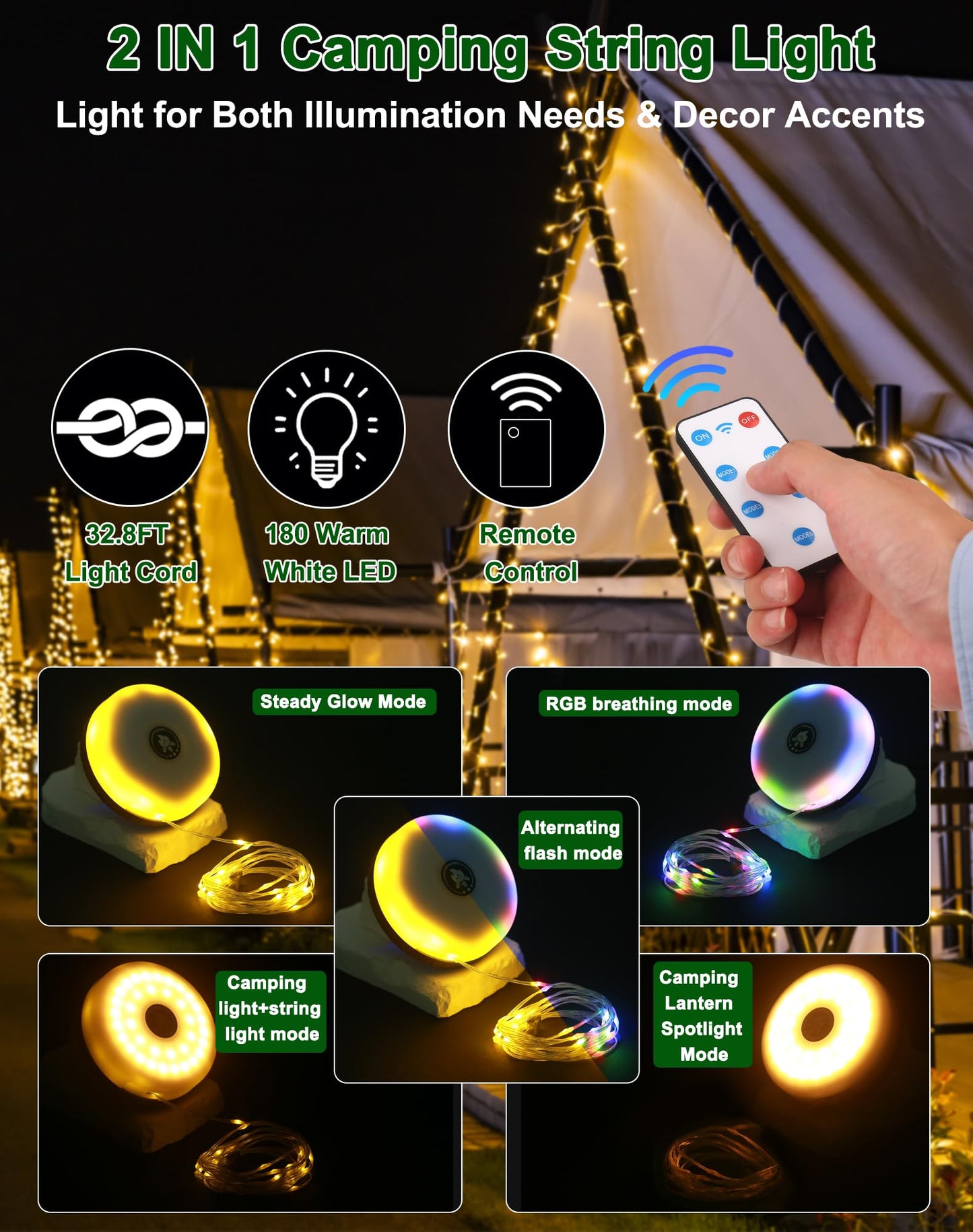 Toiysyy Solar String Lights, 32.8FT Waterproof Fairy Lights, 5 Modes, USB Rechargeable, Portable Green Tent Lights, Model MH-0518