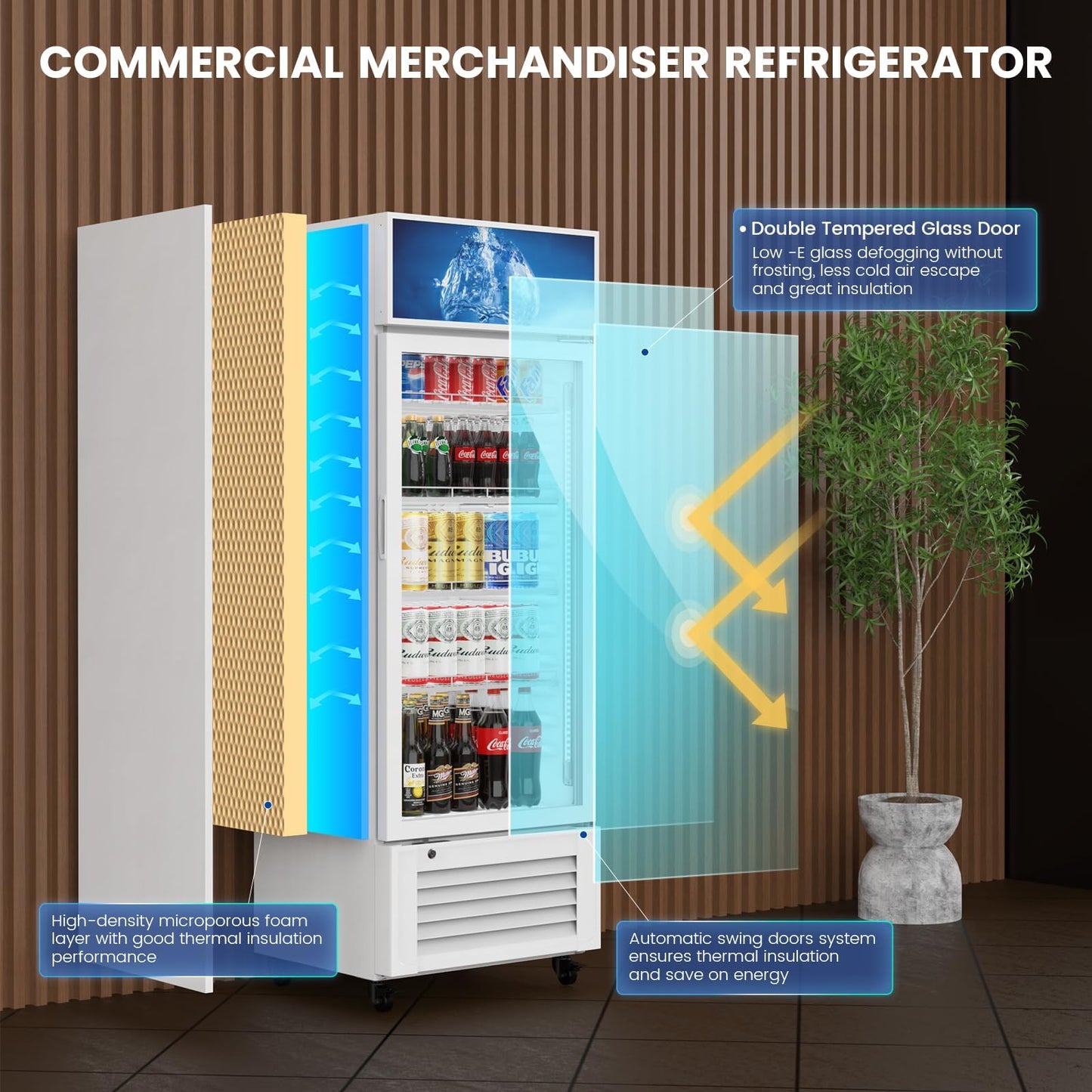 Mojgar 10 Cu Ft Commercial Refrigerators Single Door,Glass Door Merchandiser Display Beverage Fridge with Built-in LED Light,1.64kwh/24h Retail Cooler for Shop,Restaurant,Apartment,etc
