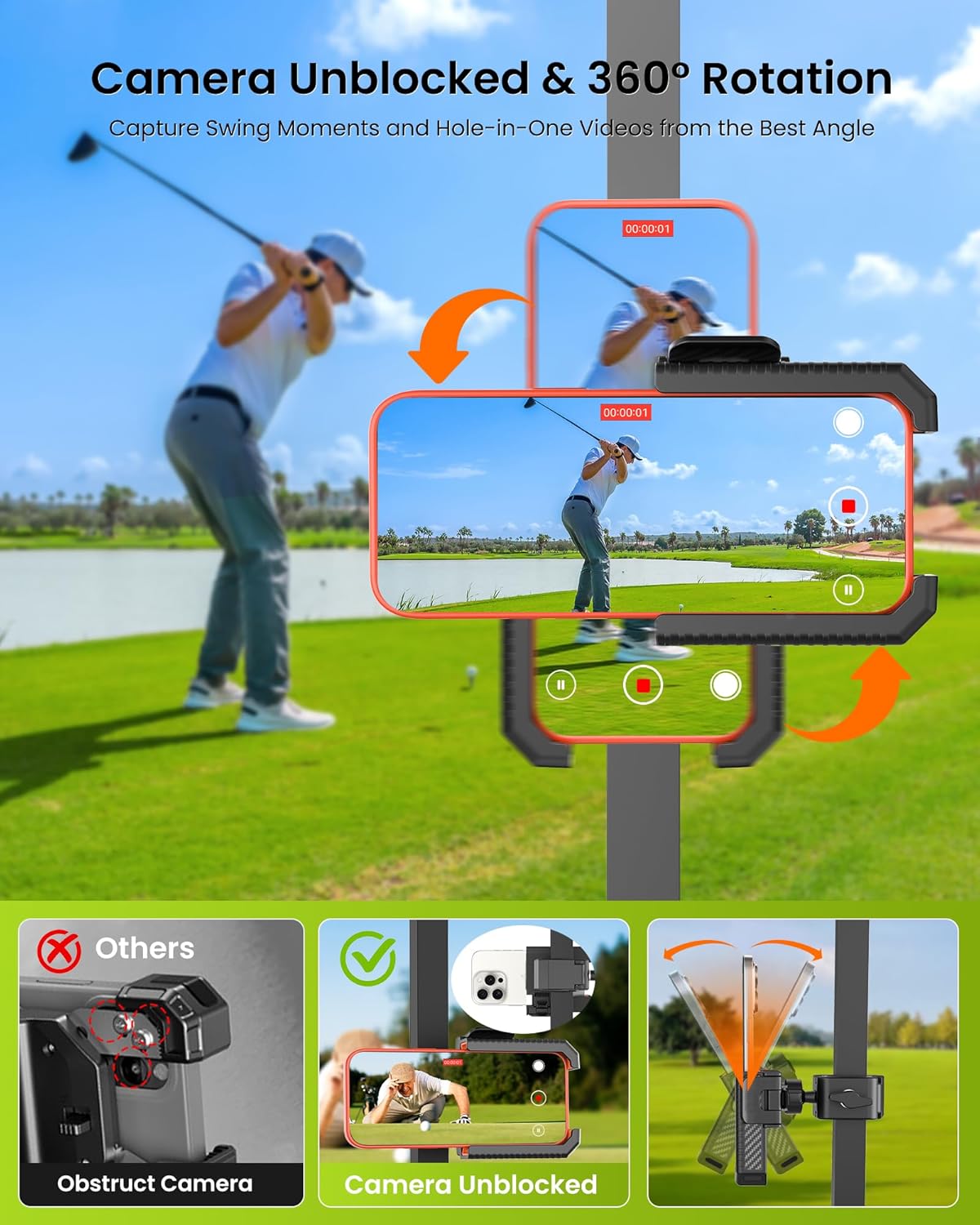 Golf Cart Phone Holder Mount - 3s Phone Clip Install, 1s Lock & Release，Phone Caddy for iPhone Galaxy & More Fits Yamaha Club Car EZGO Icon, Golf Cart Accessories Essentials Gift for Men Women