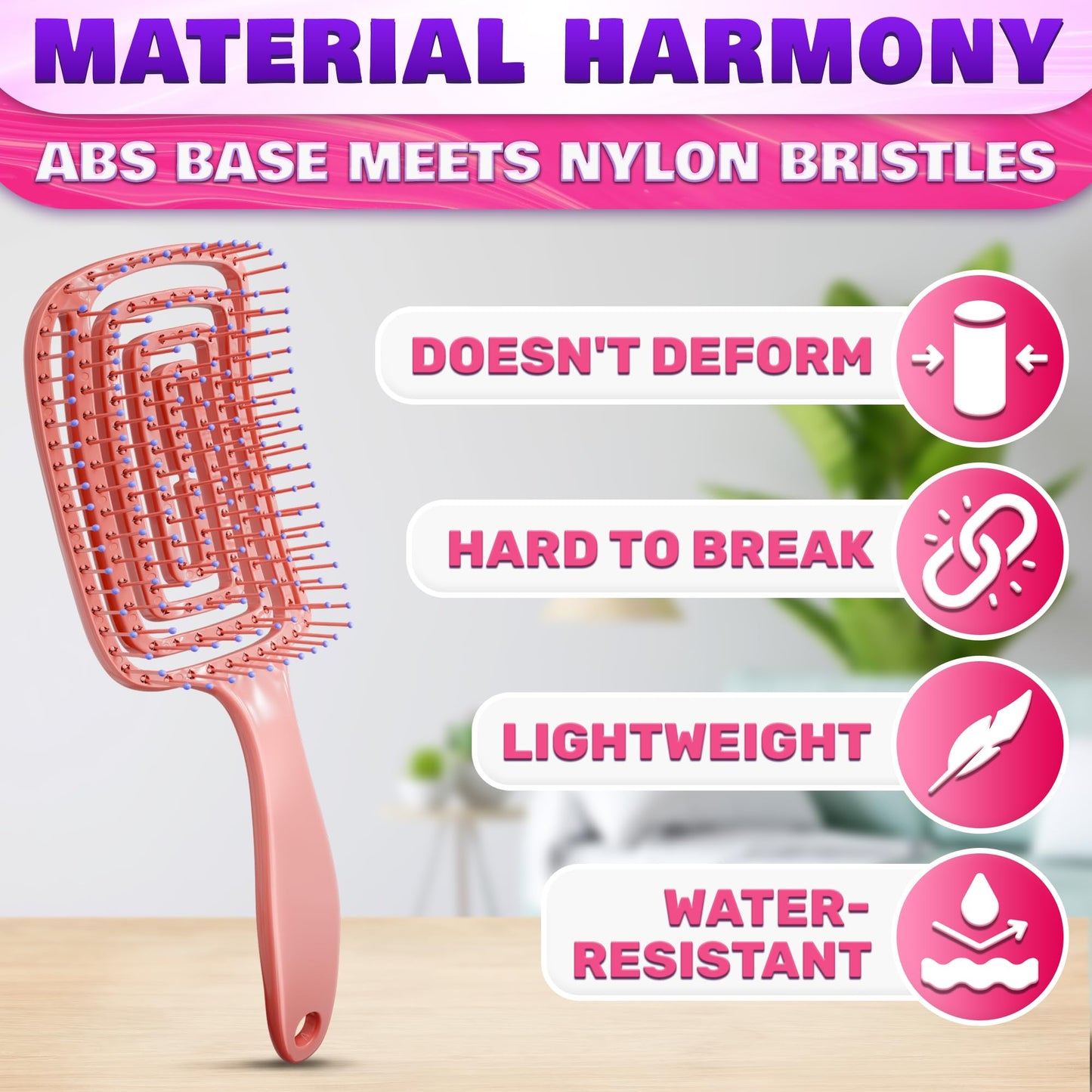 Pink Hair Detangler Brush - Curved Vented Brush for Thick Hair, Lightweight and Ergonomic, Convenient Size, Suitable for All Cur