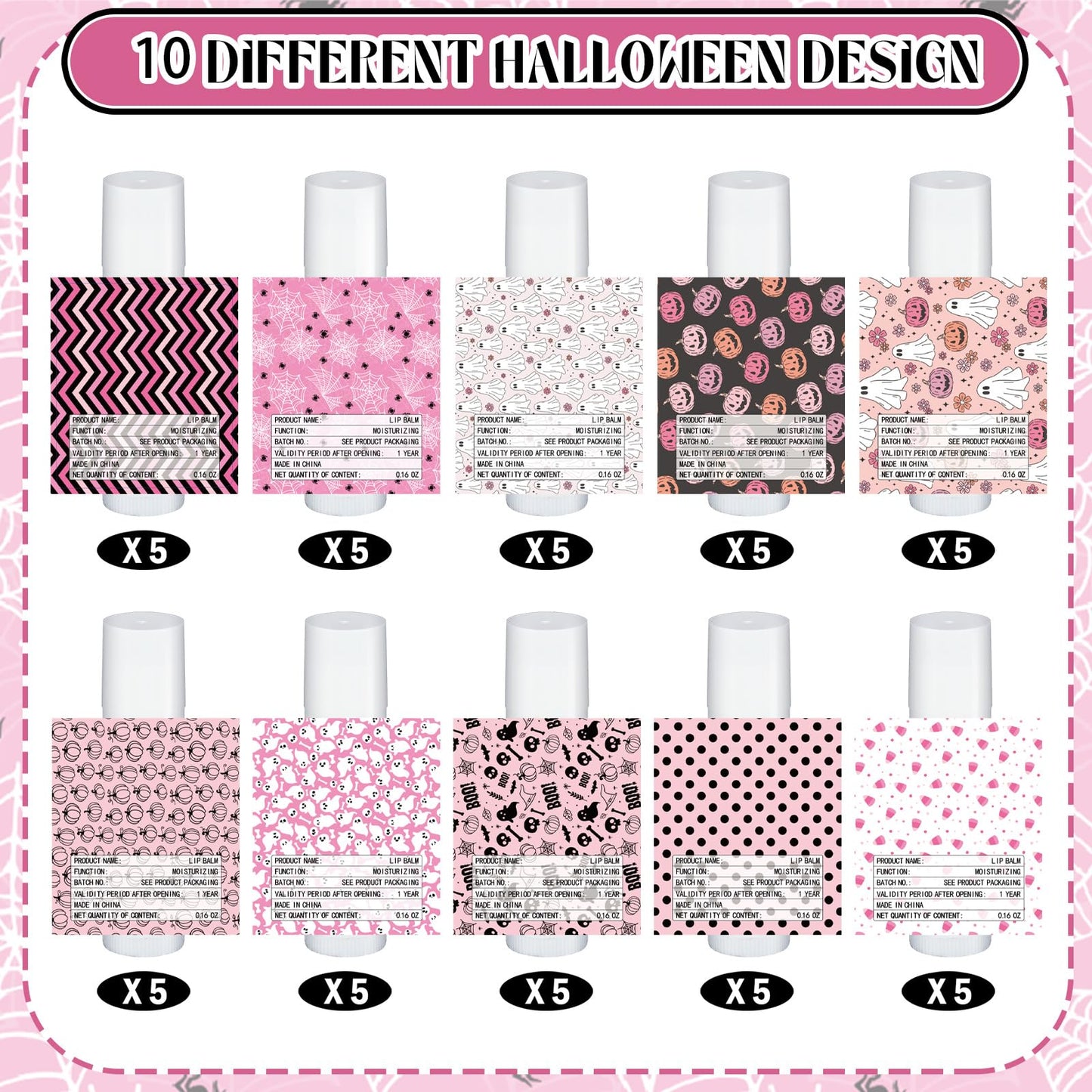 Siifert 50 Pcs Pink Halloween Lip Balm Gifts Bulk Cute Boo Ghost Lip Balm Favors Honey Flavor Spooky Party Supplies Goodies Pink