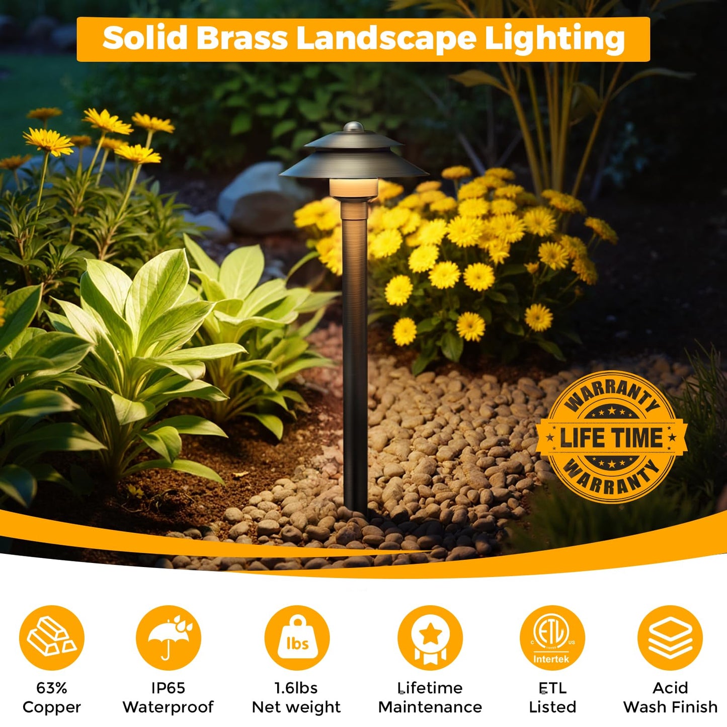Gardencoin Solid Brass Low Voltage Landscape Pathway Lights (6 Shade  19 Tall)  12V Led Heavy Duty Path Lighting Outdoor Wired  Waterproof Antique Bronze Walkway Light Without G4 Bulb 12 Pack